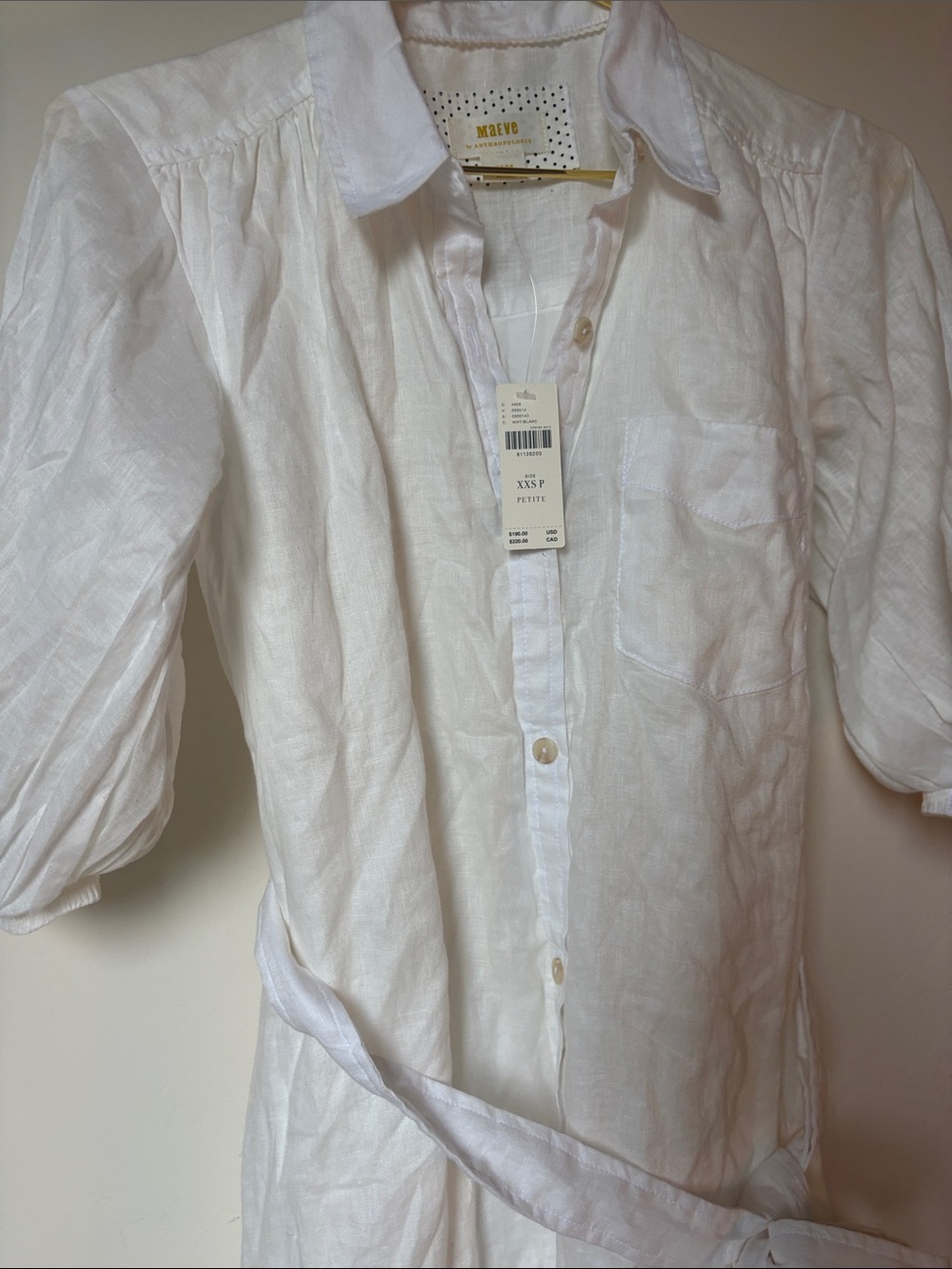 Maeve White Linen Short-Sleeve Button-Down Shirt with Waist Tie